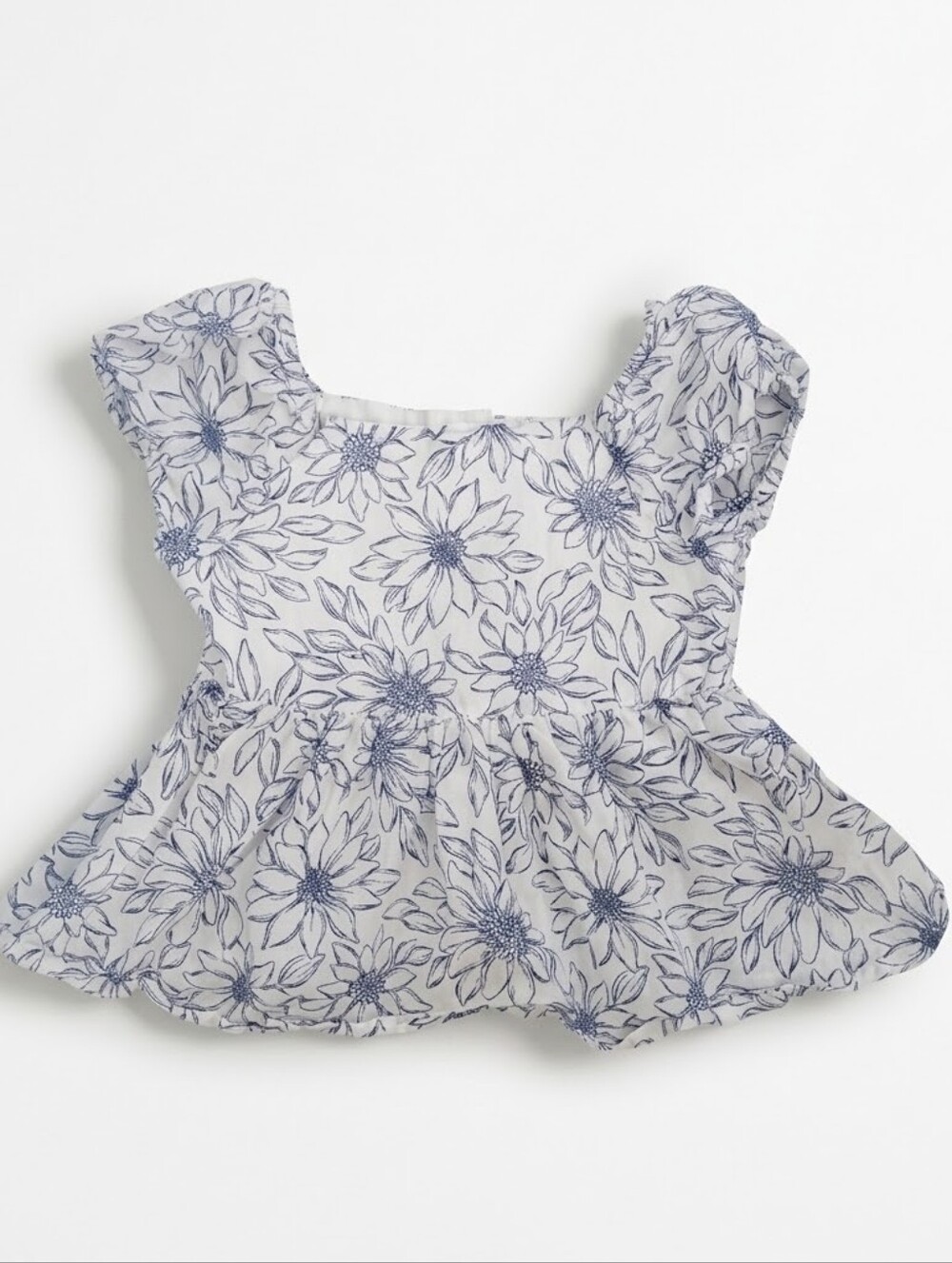 JOIE Girls Floral Peplum Top 7/8Y Blue/White Puff Sleeve Cotton Cut-out Back